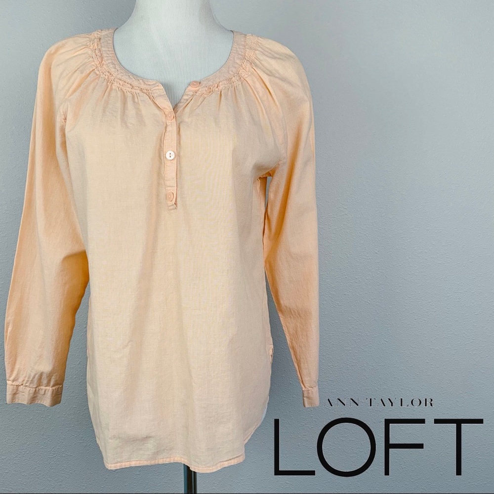 Ann Taylor LOFT Peach Cotton Henley Blouse‎ Petite Small Orange Long Sleeve Top